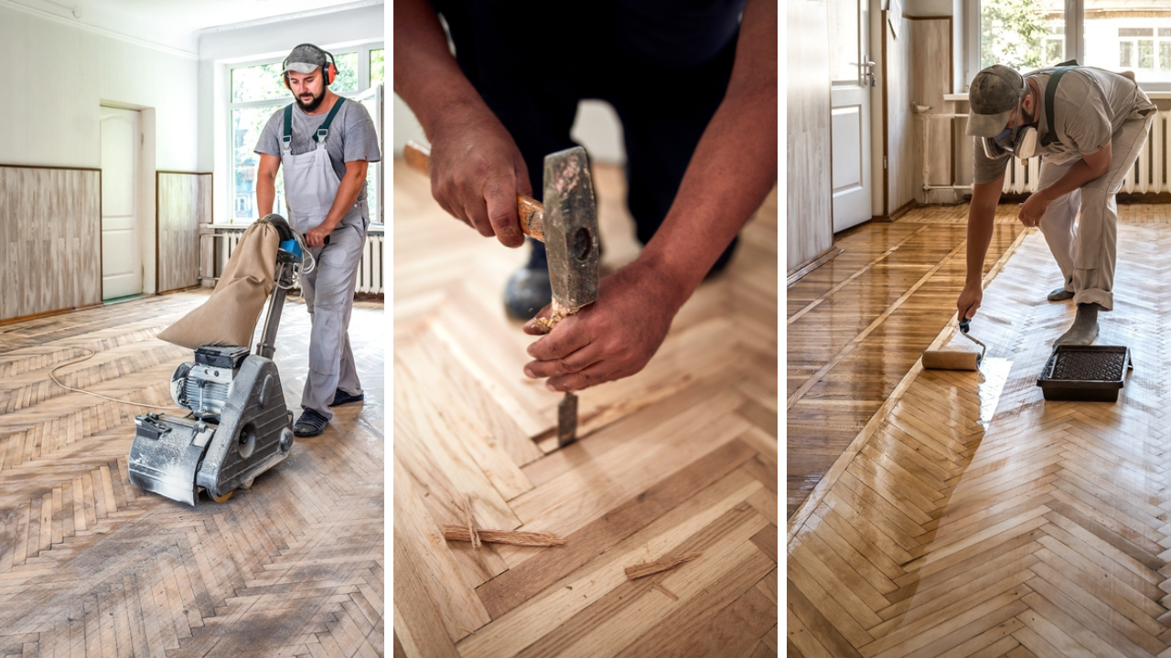 Three-stage view of Wood Floor Sanding Prep on an oak herringbone parquet floor in Moorgate: drum sanding, block replacement, and varnish rolling.